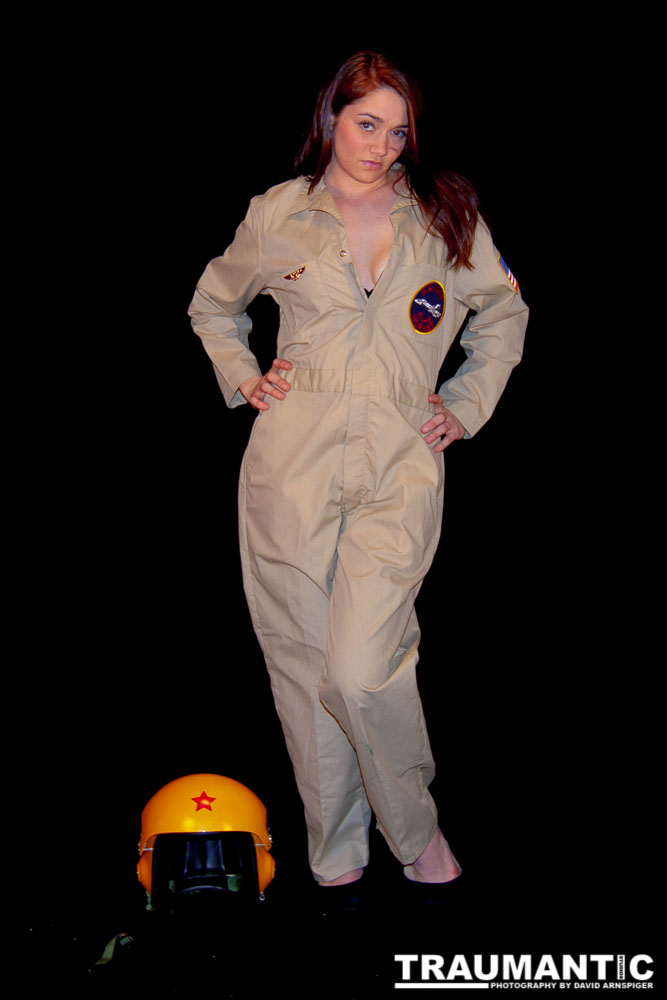 Lindsey was visiting and wanted to shoot, and I had an idea for a pinup based on a pilot's helmet I had recently been given.  So we went to a local military surplus and whipped up a pilot costume and did this shoot.